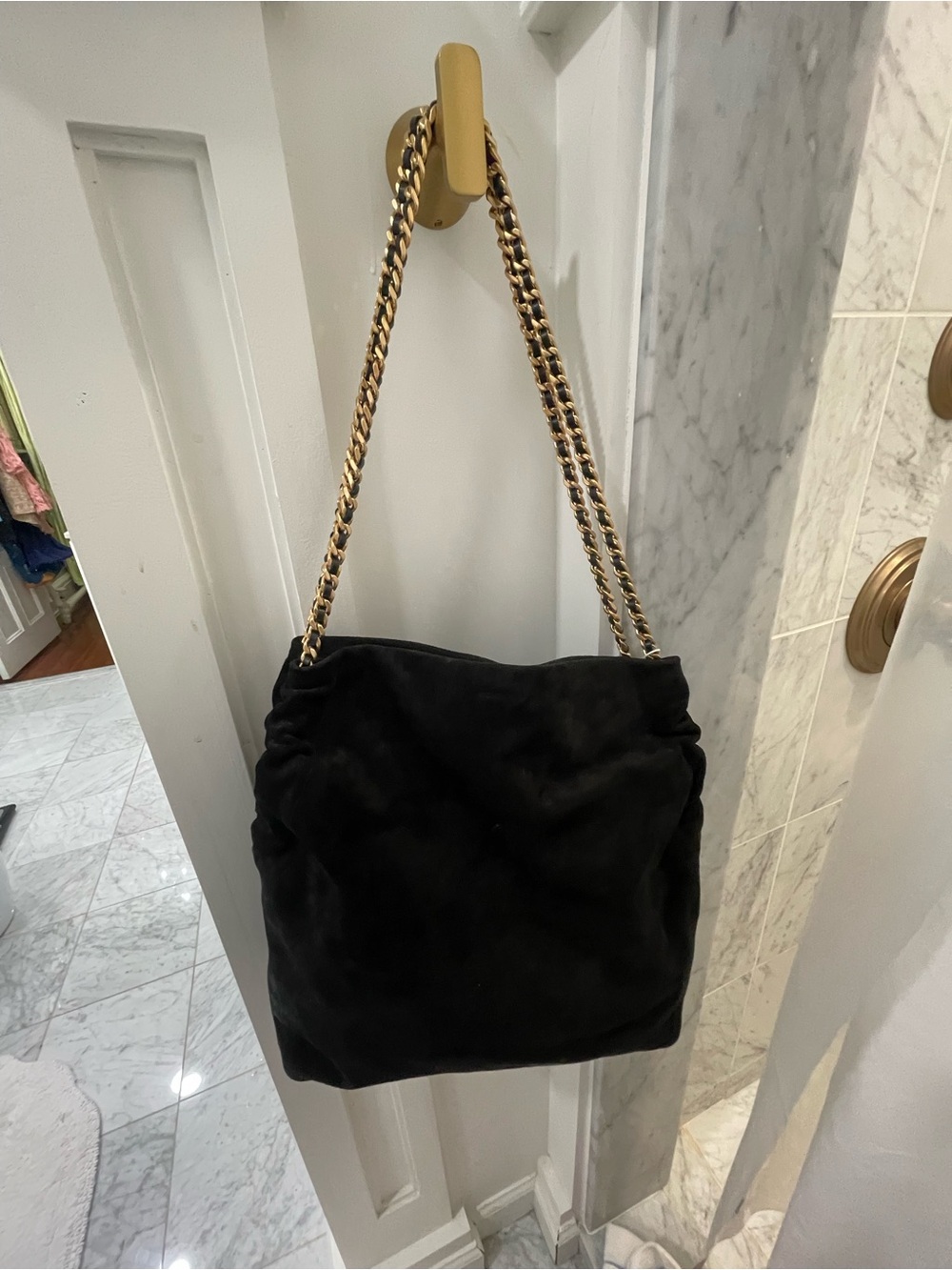 New w tag Veronica Beard Black Suede Shoulder Bag with Gold Chain
